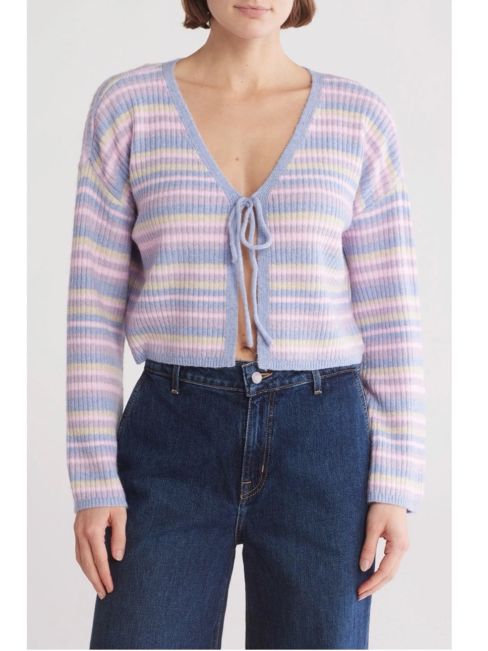 NYC Knits Striped Tie-Front Cropped Sweater Cardigan - Pastel Stripe